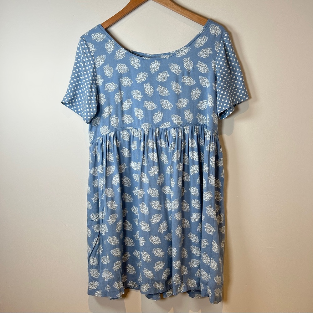 Vintage 90’s Babydoll Blue Floral and Polka Dot Cottagecore Dress Size Small